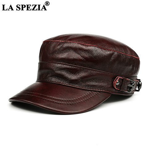 LA SPEZIA Men Winter Hat Genuine Leather Purplish Red Military Hat Cowskin Mens Sailor Hat Brand Acessories XL ► Photo 1/6