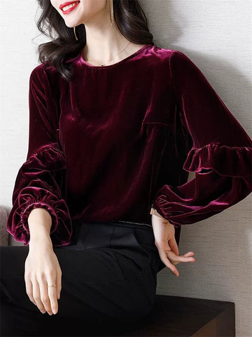 2022 Korean Solid Velvet Women's Tops Long Sleeve O-Neck Ruffles Blouses Ladies Shirt Tops Femme Plus Size M-7XL wine blue green ► Photo 1/4
