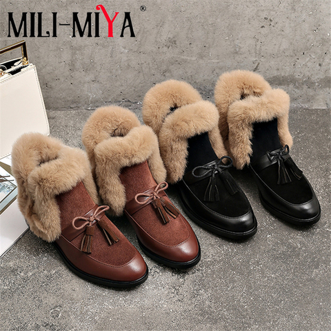 MILI-MIYA Women Genuine Leather Snow Boots Slip-On Rabbit Hair Butterfly-Knot Fringe Warm Fur Round Toe Plus Size 34-40 Winter ► Photo 1/6