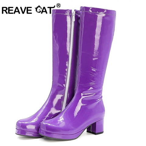 REAVE CAT Autumn Candy Sweet Knee-High boots Round toe square heel PU Zipper Big size 33-46 Yellow Green Purple Orange S1981 ► Photo 1/6