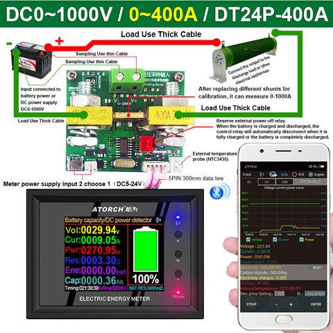 DT24P 1000V/400A IPS digital display DC Power Voltmeter Ammeter Battery Capacity Tester voltage Gauge detector Meter For App ► Photo 1/3