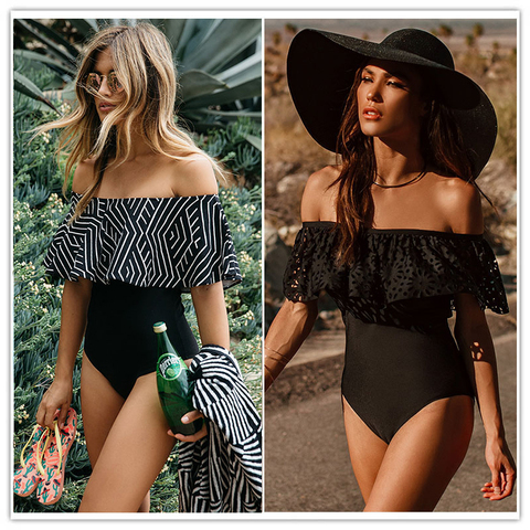 2022 New Sexy Off The Shoulder Solid Swimwear Women One Piece Swimsuit Female Bathing Suit Ruffle Monokini Swim Wear XL ► Photo 1/6