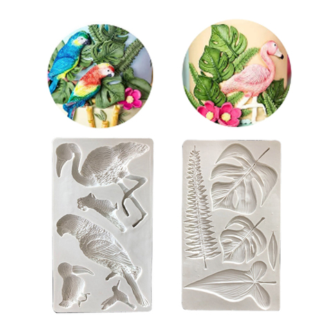 Flamingo Parrot Tortoise Leaves Tropical Plants Silicone Mold Cake Border SugarSoft Clay Gypsum UV Resin Expoxy Mould M2357 ► Photo 1/4