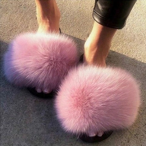 2022 Women Furry Slippers Ladies Shoes Cute Plush Fox Hair Fluffy Sandals Women's Fur Slippers Winter Warm Slippers Women Hot ► Photo 1/6