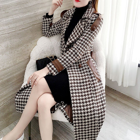 Woman Long Plaid Woolen Coat Houndstooth Overcoat ► Photo 1/5