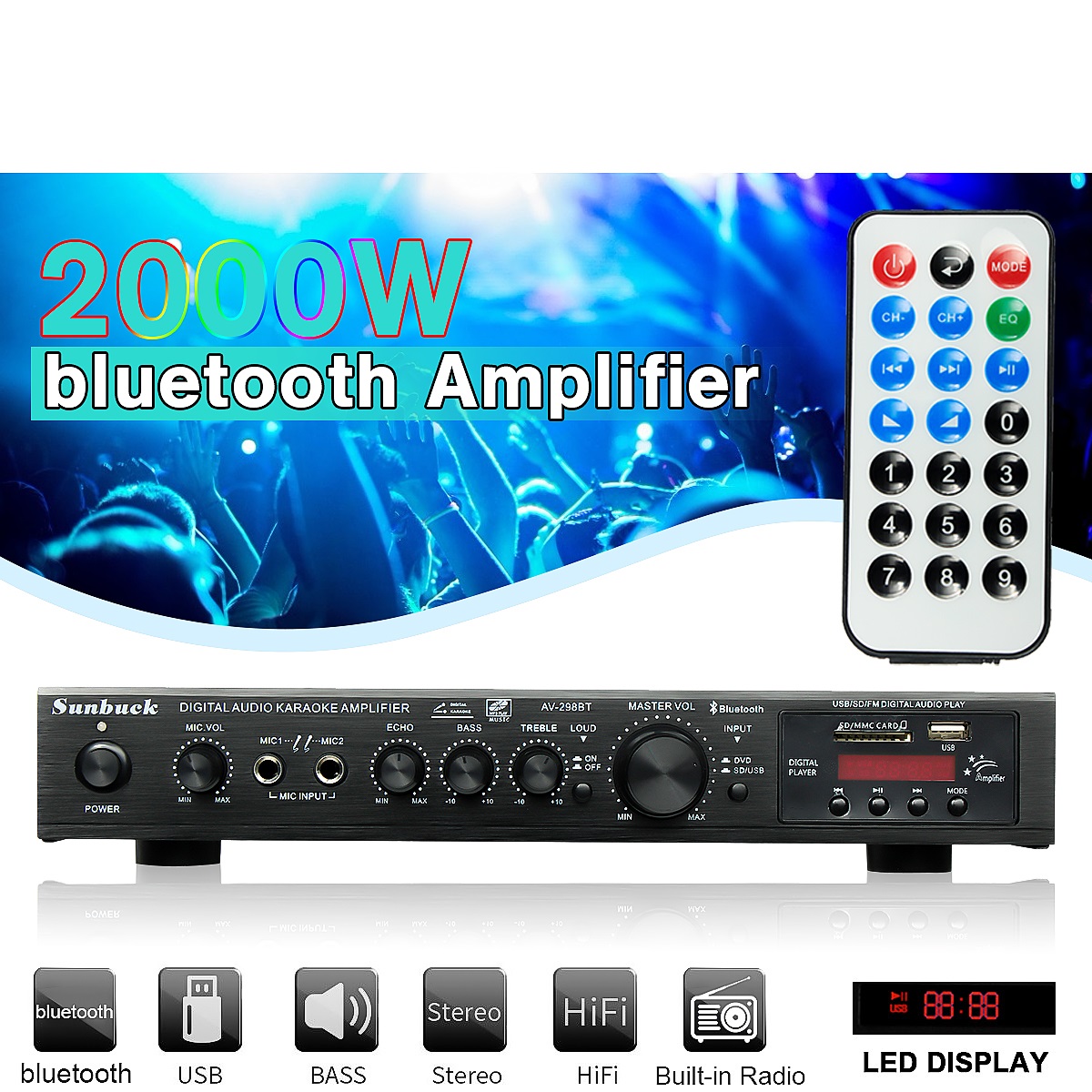 2000W Home Theater Amplifiers 5 Channel Support bluetooth SD MIC USB LCD Display Audio HiFi Amplifiers ► Photo 1/6