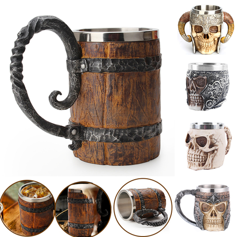 New 500ml Viking Wood style Beer Mug Double Wall Insulated Beer Cup Wine Tumbler Tea Milk Coffee Cup Christmas Decorations 2022 ► Photo 1/6