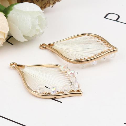 3 PCs Iron Based Alloy & Glass Thread Wrapped Pendants Leaf Gold Plated Champagne 42mm x 26mm ► Photo 1/6