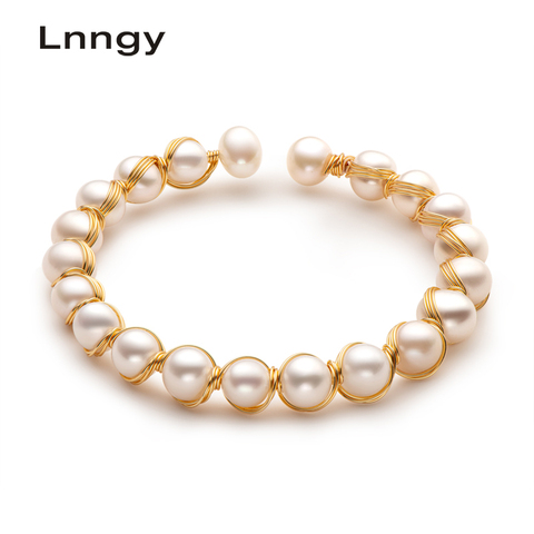 Lnngy 14K Gold Filled Bracelet 6.5-8.5mm Natural Cultured Freshwater Pearl Fashion Twisted Bracelet Bangle Women Jewelry Gifts ► Photo 1/6