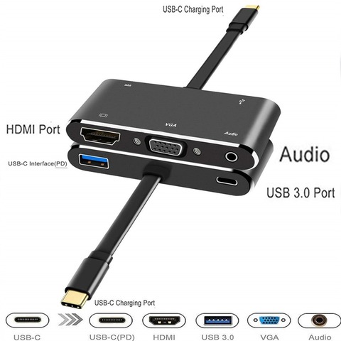 USB C HDMI VGA adapter usb c hub to usb3.0 usbc charge 3.5mm aux jack cable Multiport converter for Macbook pro dell huawei p20 ► Photo 1/5