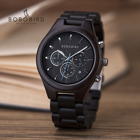 BOBO BIRD Ebony Watch Luxury Wood Men Wristwatches Date Display Multi-function Chronograph reloj hombre As Great Gift In Box ► Photo 1/6