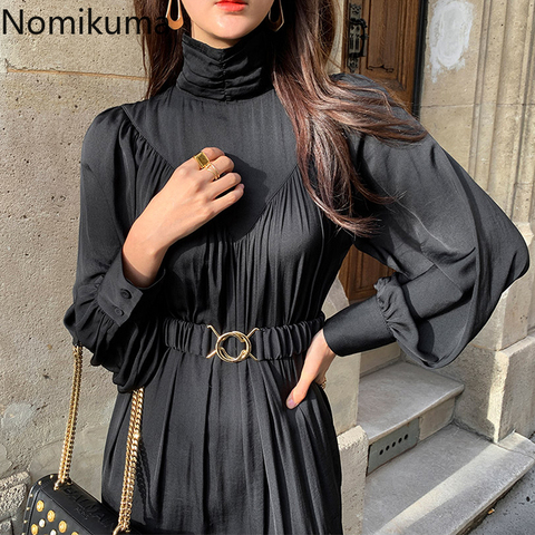 Nomikuma Dresses Elegant Temperament Turtleneck Pleated Slim Waist Long Puff Sleeve Dress Women Autumn New Korean Style 3d642 ► Photo 1/6