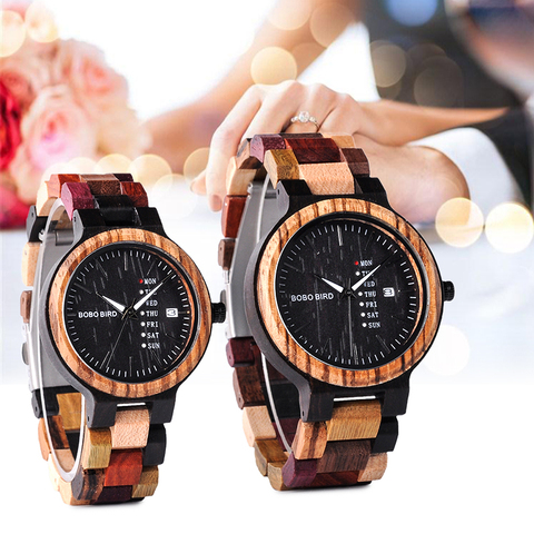 BOBO BIRD Week Display Auto Date Lightweight Wood Watch Couple Quartz Wristwatch Customize relogio masculino Birthday Gift DIY ► Photo 1/6