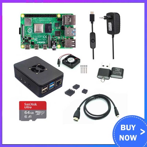 Raspberry Pi 4 Model B 1/2/4GB RAM + Case + Fan + Heat Sink + Power Adapter + 32/64 GB SD Card + HDMI Cable for RPI 4B ► Photo 1/6