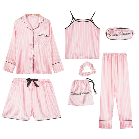 Pink Women's 7 Pieces Pajamas Sets Faux Silk Striped Pyjama Women Sleepwear Sets Spring Summer Autumn Homewear 2022 ► Photo 1/6