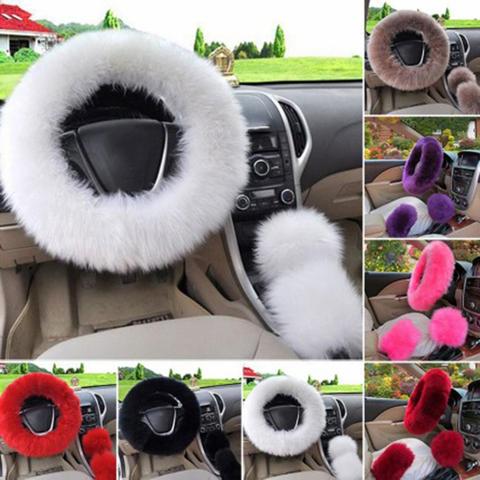 Solid Soft Warm Long Wool Fuzzy Steering Wheel Cover Woolen Handbrake Car Accessory Sheep Fur Plush Protector Cover Kit ► Photo 1/6