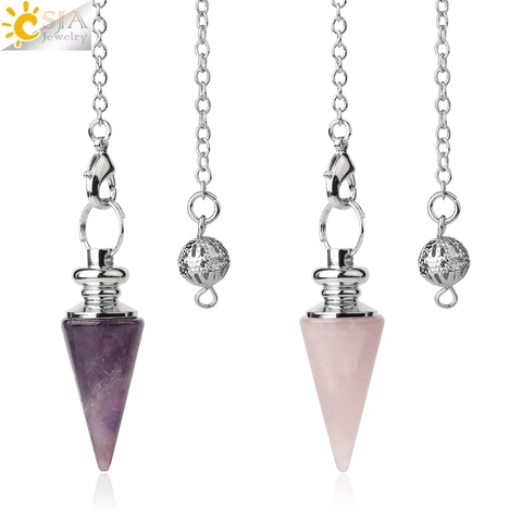 CSJA Conical Pendulum Natural Stone Taper Pendulums Silver Color Chain Crystal Pendants for Dowsing Spiritual Reiki Jewelry G491 ► Photo 1/6