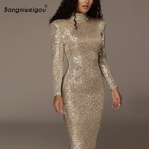 Bangniweigou Elegant Long Sleeved Silver Dress for Women Fall Winter Sequin Bodycon Wear To Work Office Lady Party Night Dress ► Photo 1/6