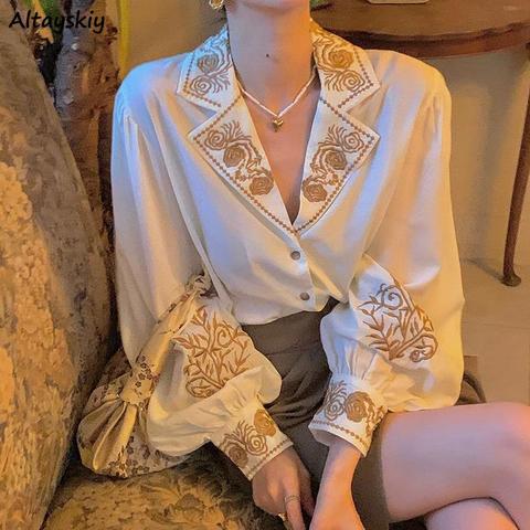 Shirts Women Lantern Sleeve Notched Print Temperament Casual Korean Style French Retro Elegant Hot Sale All-match Ladies Blouses ► Photo 1/6