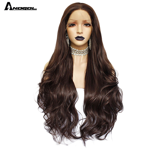 Anogol Dark Brown Natural Wave Straight Wigs For Women Heat Resistant High Temperature Fiber Synthetic Lace front Wig ► Photo 1/6