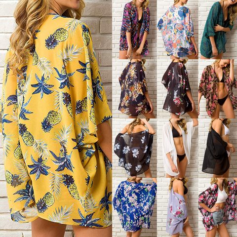 2022 Summer Women Chiffon Bikini Cover Up Floral Kimono Beach Cardigan Sheer Swimwear Long Blouse Shirts Female Tops ► Photo 1/6