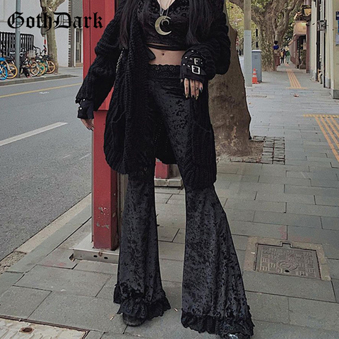 Goth Dark Velvet Gothic Lace Patchwork Flare Pants Romantic Goth Vintage Grunge Skinny Women Trousers High Waist Streetwear Emo ► Photo 1/6