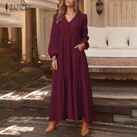 2022 ZANZEA Women Long Maxi Dress Casual Long Sleeve Pleated Dress Pockets Buttons V Neck Party Vestidos Cotton Bohemian Dresses ► Photo 1/6
