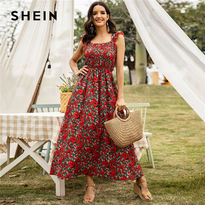 SHEIN Multicolor Floral Print Shirred A-line Dress Women Summer Sleeveless Maxi  Dress Fit and Flare Boho High Waist Dresses - Price history u0026 Review |  AliExpress Seller - SheIn Official Store | Alitools.io