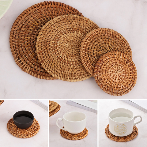 1Pc New Hot Natural Rattan Coasters Insulation Cup Bowl Pad Handmade Padding Table Mat Round Placemats Kitchen Accessories ► Photo 1/6