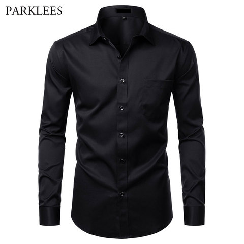 Black Bamboo Fiber Shirt Men Casual Slim Fit Mens Dress Shirts Solid Color Elastic Button Up Social Male Shirts with Pocket 4XL ► Photo 1/6