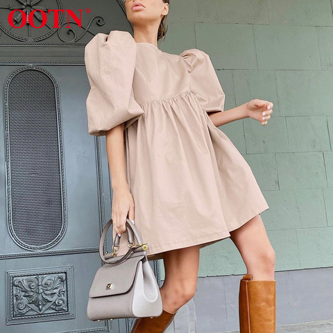 OOTN Green O Neck Casual Women Dress Lantern Short Sleeve Solid Pink Mini Dress Ladies Elegant A Line Summer Dresses Cotton 2022 ► Photo 1/6