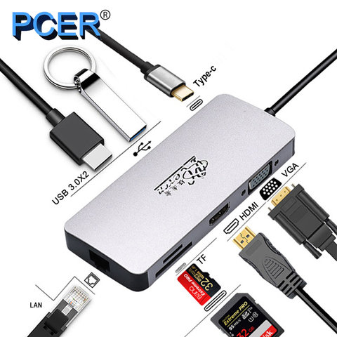 PCER USB Type C HUB To USB3.0 HDMI VGA RJ45 Gigabit Ethernet SD/TF PD charge Adapter USB C docking station type c hub converter ► Photo 1/6