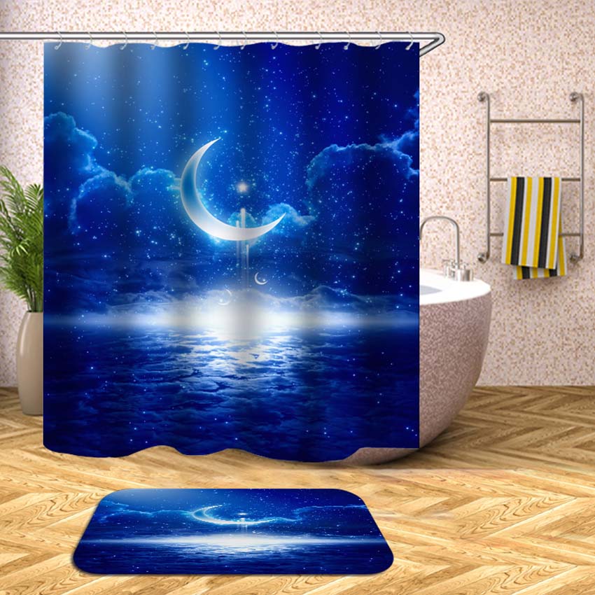 Bathroom Bathtub Bathing Cover, Moon And Stars Fabric Shower Curtain
