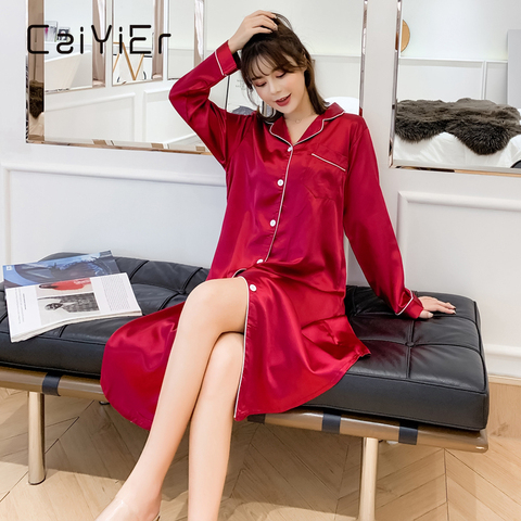 CAIYIER Solid Red Silk Night Dress Winter Long Sleeve Women Sleepshirts Sexy Loose Turn-down Collar Large Size Homewear M-3XL ► Photo 1/6