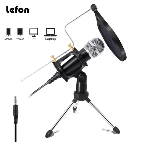 Lefon Recording Condenser Microphone Mobile Phone Microphone Microfone For Computer Pc Karaoke Mic Holder For Android 3.5mm plug ► Photo 1/6