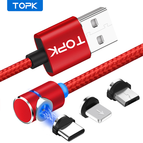 TOPK 90 Degree L Type Magnetic Cable , LED Magnet Charger Cable for iPhone Xs Max X 8 7 5 & Micro USB Cable & USB Type-C USB C ► Photo 1/6