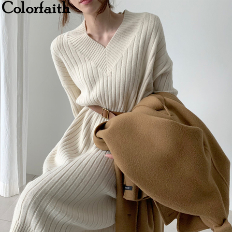 Colorfaith New 2022 Autumn Winter Women Dresses Knitting Straight Korean Style Fashionable Elegant Solid Ladies Dress DR7143 ► Photo 1/6