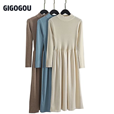 GIGOGOU Office Ladies Long Knit Women Sweater Dress Thick Warm Turtleneck Pleated A Line Dresses Fall Winter Pullover Midi Dress ► Photo 1/6