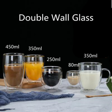 Double Wall Insulated Glasses Espresso Coffee Mug 80/250/350/450 ML Heat-Resistant Transparent Tea Milk Glass Cup Mugs Drinkware ► Photo 1/6