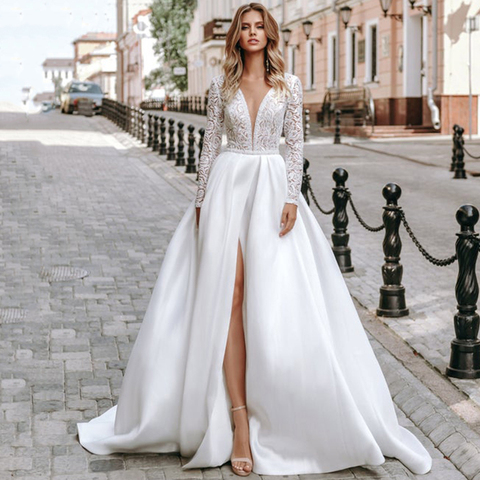 Eightree Long Sleeve Lace Wedding Dresses Satin V Neck Bridal Dress High Split A-line 2022 Wedding Gown Plus Size Robe de mariee ► Photo 1/6