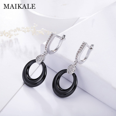 MAIKALE Simple Fashion Round Drop Earrings Copper AAA Cubic Zirconia Black White Ceramic Gold Silver Color Earrings For Women ► Photo 1/6