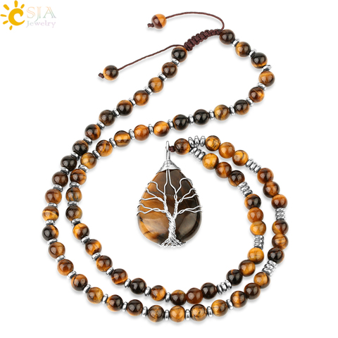 CSJA Natural Stones Beaded Tiger Eye Necklaces for Men Tree of Life Pendants Mala Yoga Beads 7 Chakra Reiki Female Jewelry S469 ► Photo 1/6