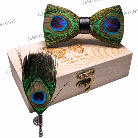 JEMYGINS original bow tie peacock feather handmade leather bow tie brooch pine gift set wedding party men's suit Bowtie Necktie ► Photo 1/6