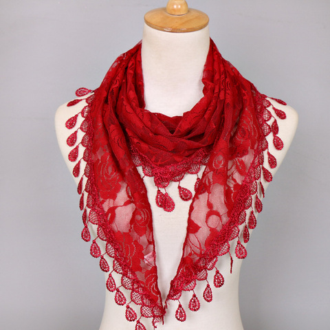 Women Lace Scarf  Pure Color Lace Tassel Headscarf Triangle Scarf Hollow Out Tassel Shawls Scarves Thin See Through Scarf Red ► Photo 1/6
