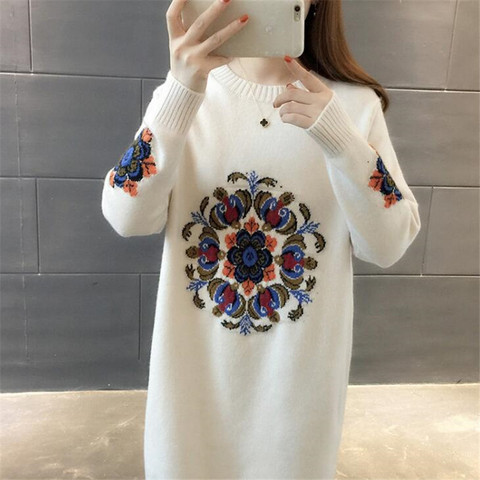 2022 New Spring Autumn Winter Women Knitted Pullovers Sweater Female Long Sleeve Embroidery Sweater Dress ► Photo 1/5