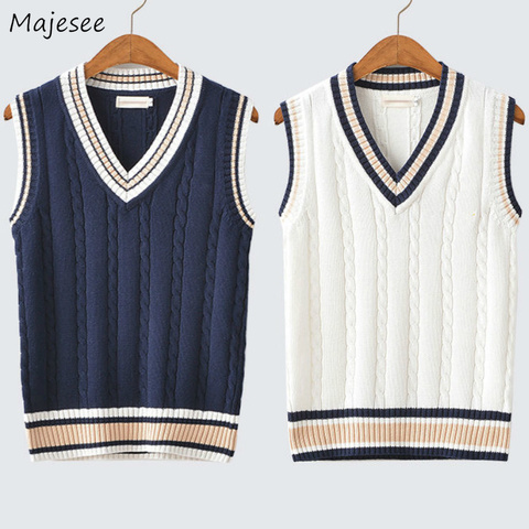 Sweater Vest Men Thicken V-neck Sleeveless Knitted Sweaters Vests Striped Retro Preppy-style Simple Chic Loose Casual All-match ► Photo 1/6