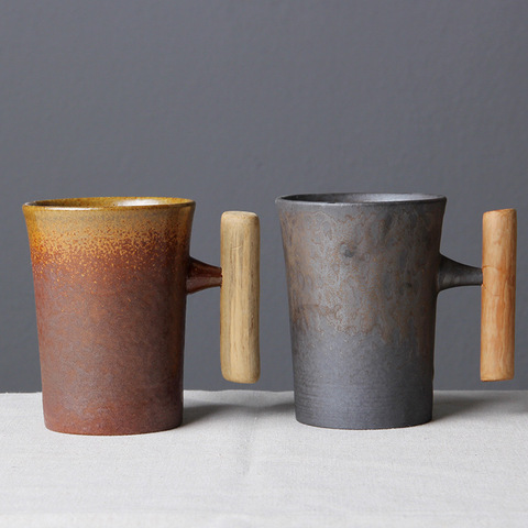 Japanese Style Vintage Ceramic Coffee Mug Tumbler Rust Glaze Tea Milk Beer Mug with Wood Handle Water Cup Home Office Drinkware ► Photo 1/6