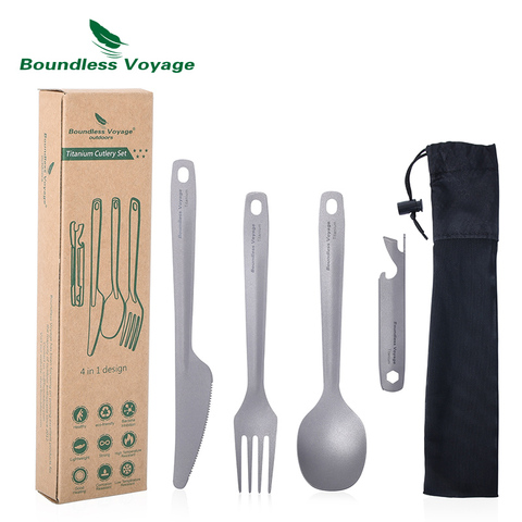 Boundless Voyage Utility Cutlery Set 4-Pieces with Carrying Case Titanium Spoon Fork Knife & Bottle Opener for Travel Camping ► Photo 1/6