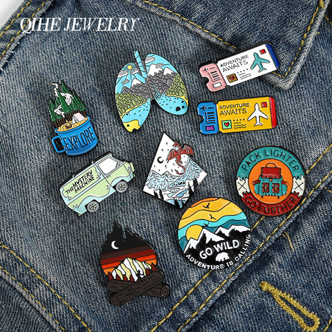 QIHE JEWELRY Adventure travel theme pins Bus Air tickets Magic dragon Camping brooches badges Trendy pin gifts for travel lovers ► Photo 1/6