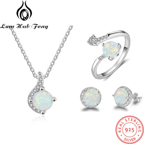 Jewelry Sets for Women Dainty 925 Sterling Silver White Opal Ring Earrings Chain Necklace Wedding Jewelry Sets (Lam Hub Fong) ► Photo 1/6